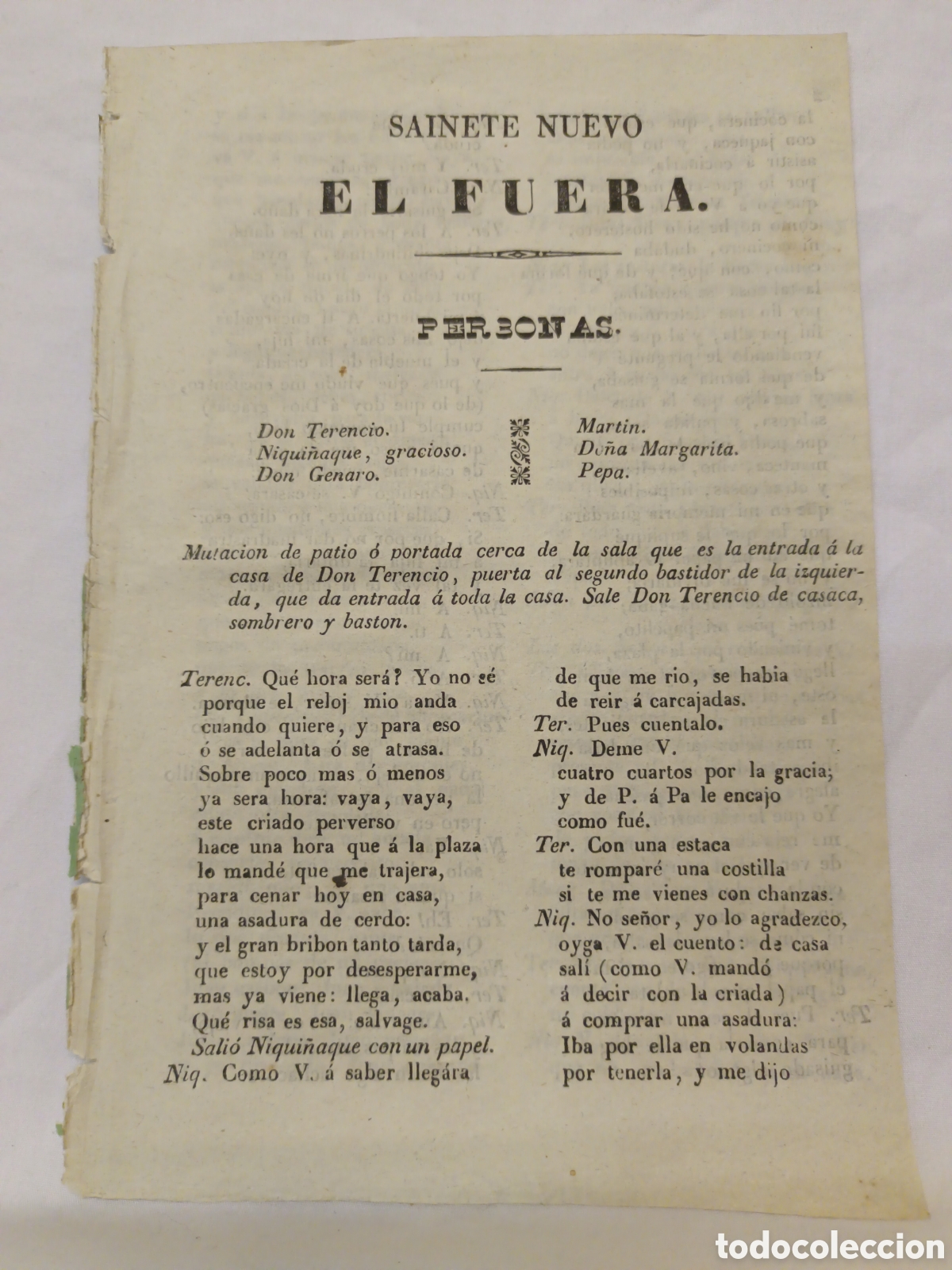 Otros Art&iacute;culos de Coleccionismo en Papel: PLIEGO DE CORDEL - ROMANCE - SAINETE NUEVO - EL FUERA - PRINC. SIGLO XIX - 14.50 X 21.50 CM