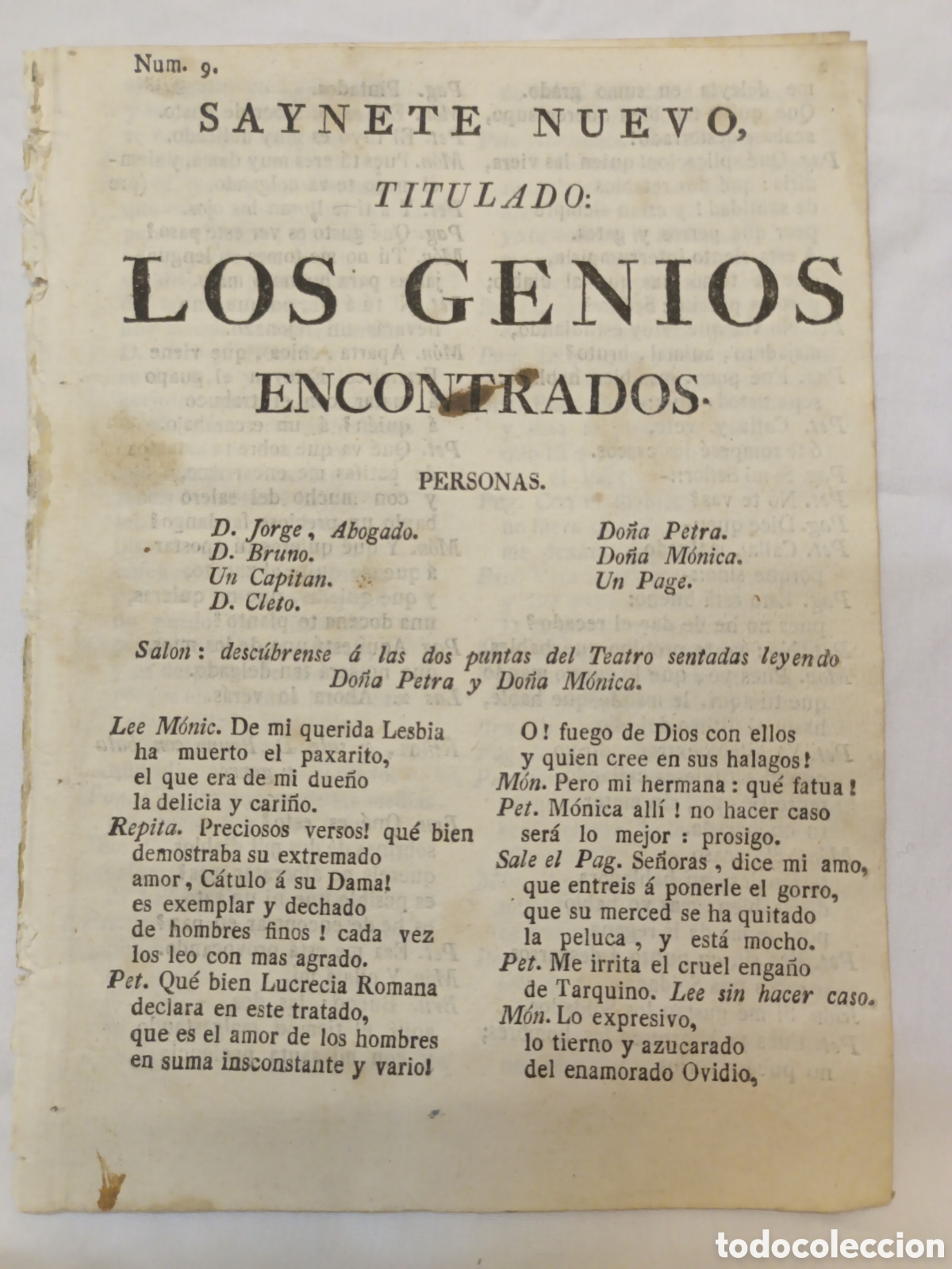 Otros Art&iacute;culos de Coleccionismo en Papel: PLIEGO DE CORDEL - ROMANCE - SAYNETE NUEVO - LOS GENIOS ENCONTRADOS - PRINC. SIGLO XIX - 14.50 X 20