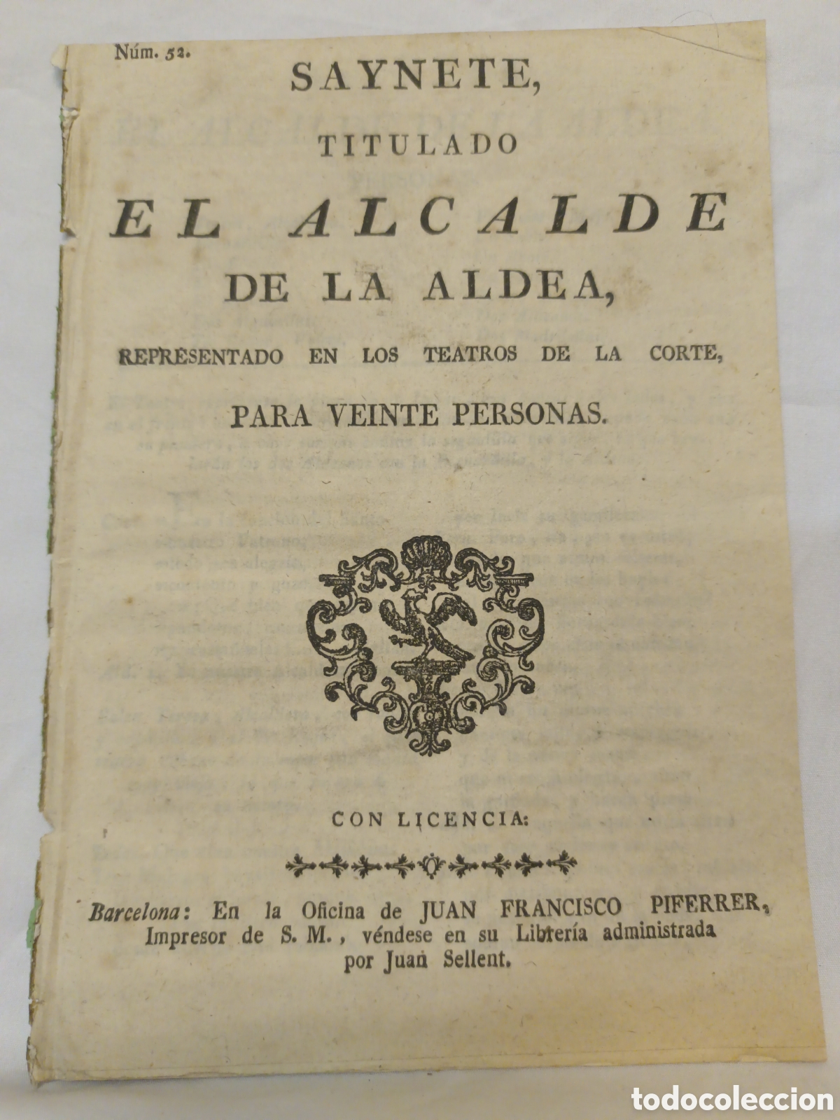 Otros Art&iacute;culos de Coleccionismo en Papel: PLIEGO DE CORDEL - ROMANCE - SAYNETE - EL ALCALDE DE LA ALDEA - PRINC. SIGLO XIX - 14.5O X 20 CM