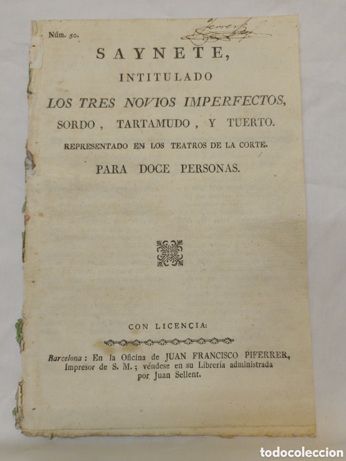 Otros Art&iacute;culos de Coleccionismo en Papel: PLIEGO DE CORDEL - ROMANCE - SAYNETE - LOS TRES NOVIOS IMPERFECTOS, SORDO, TARTAMUDO Y TUERTO