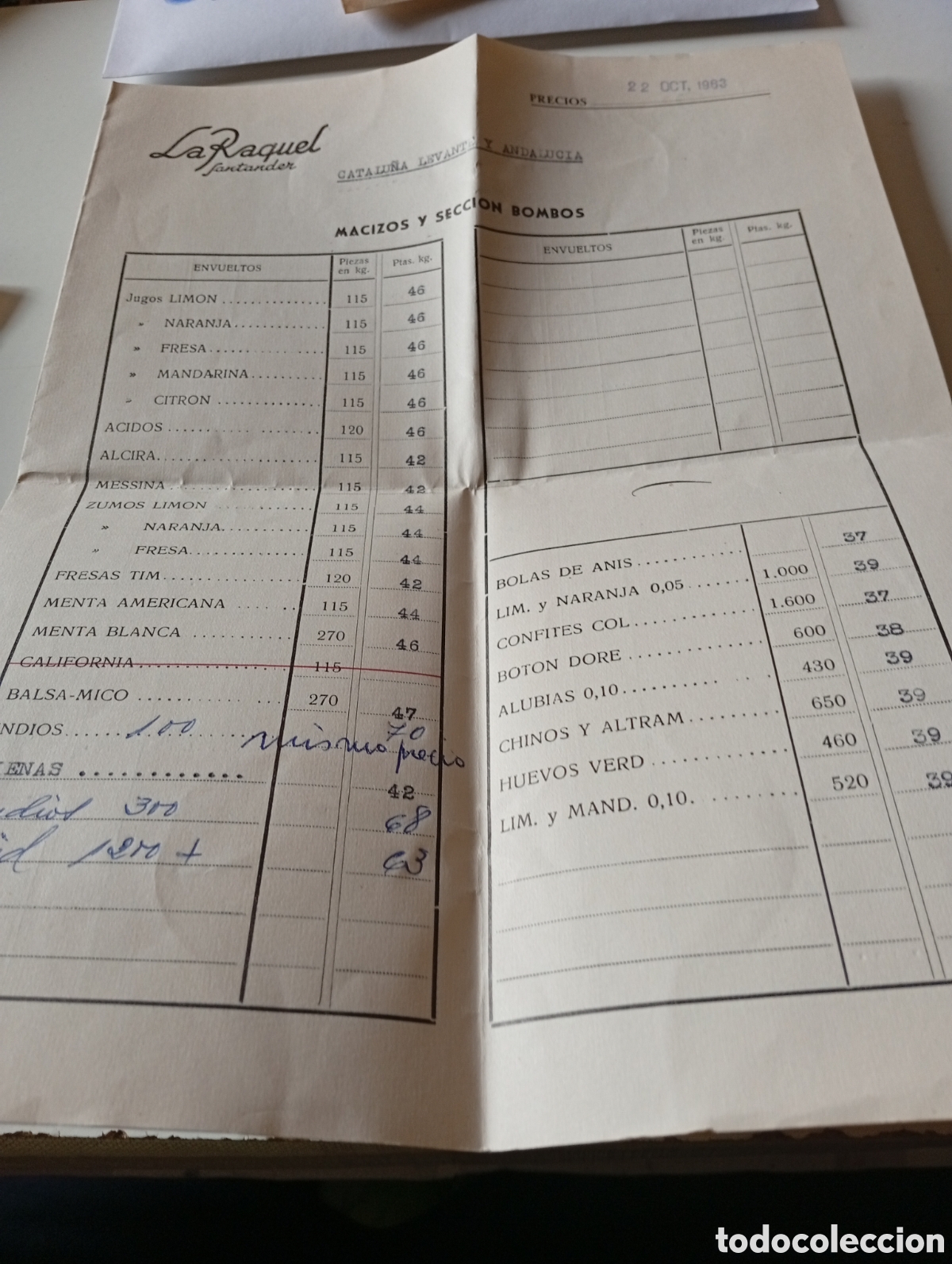Otros Art&iacute;culos de Coleccionismo en Papel: La Raquel, Santander,lista de precios 1963 macizos y secci&oacute;n bombos