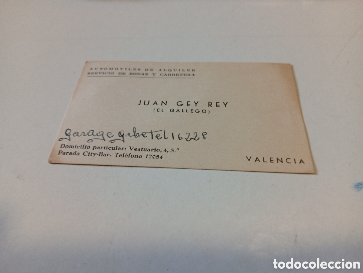 Otros Art&iacute;culos de Coleccionismo en Papel: Tarjeta visita autom&oacute;viles de alquiler servicio de bodas, Juan Gey Rey, Valencia