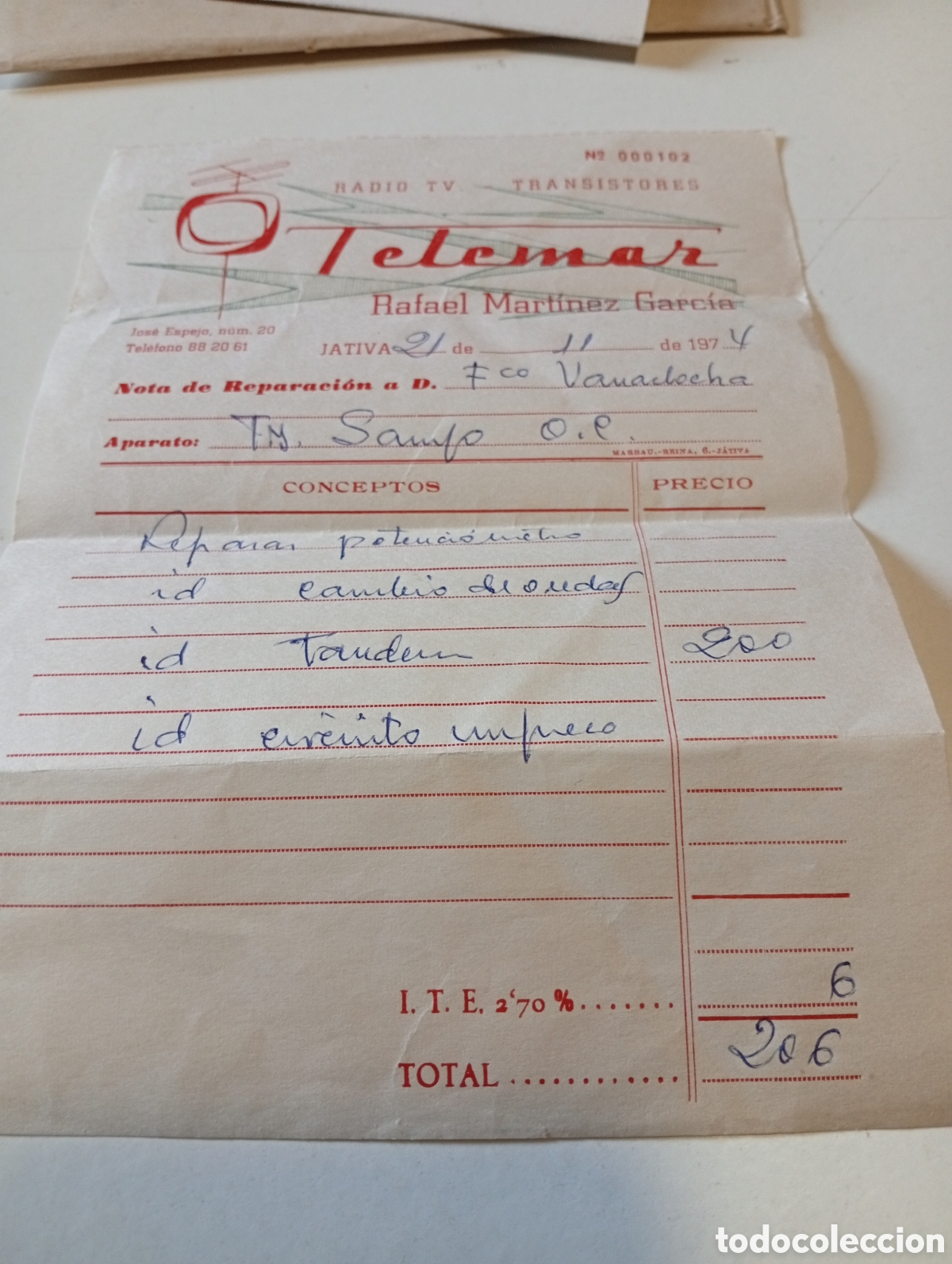 Otros Art&iacute;culos de Coleccionismo en Papel: Factura radio TV transistores Telemar, J&aacute;tiva 1974