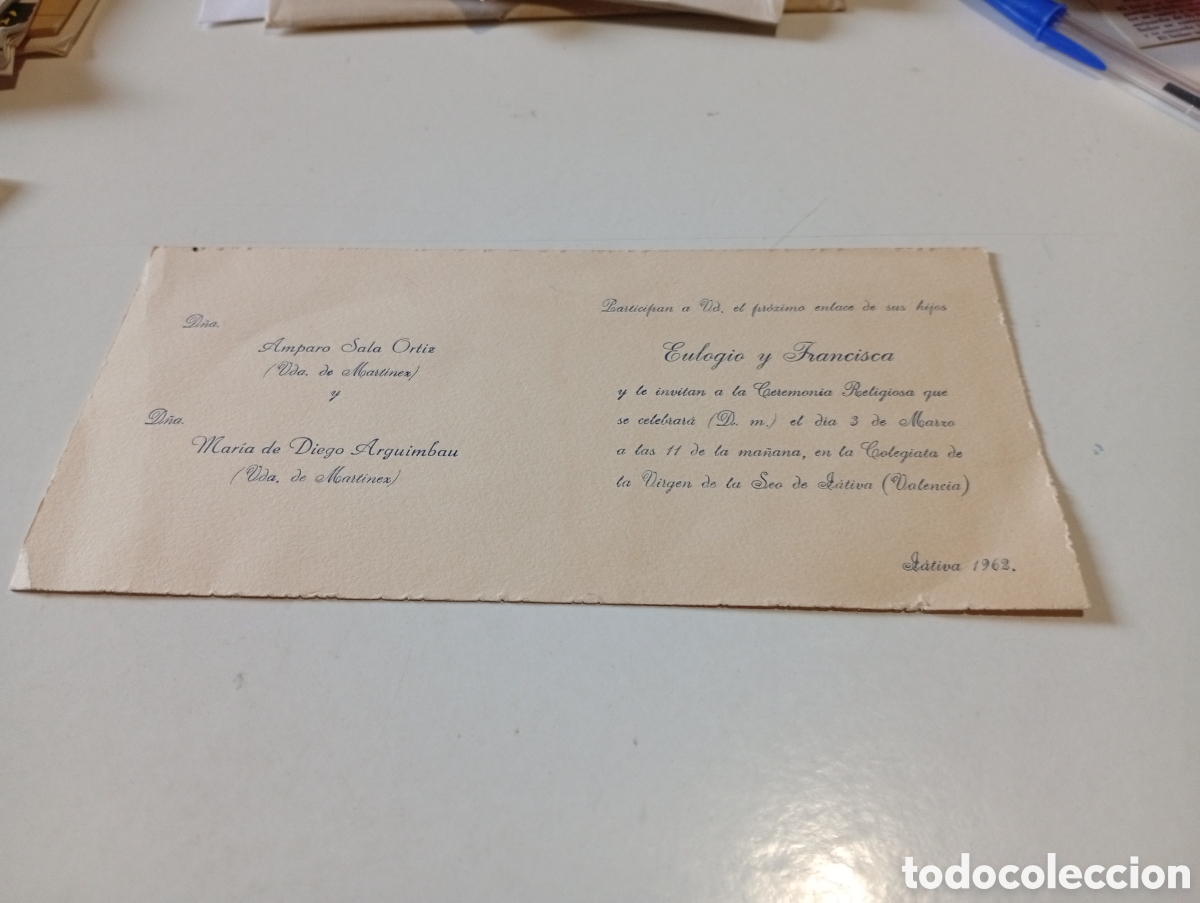Otros Art&iacute;culos de Coleccionismo en Papel: Tarjeta participaci&oacute;n enlace amparo sala Ortiz, Mar&iacute;a de Diego Arguimbau, J&aacute;tiva 1962
