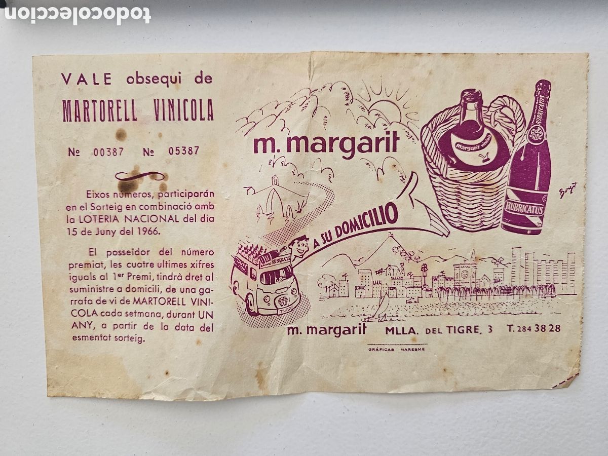 Otros Art&iacute;culos de Coleccionismo en Papel: Billete sorteo loter&iacute;a, vale Martorell Vin&iacute;cola, M. Margarit Matar&oacute; Muralla del Tigre 1966