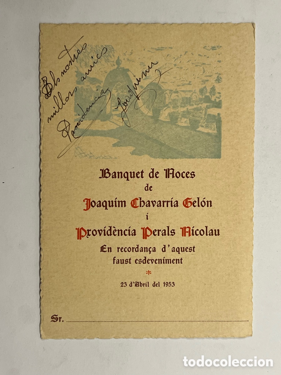 Otros Art&iacute;culos de Coleccionismo en Papel: BANQUET DE NOCES.. Joaqu&iacute;m Chavarr&iacute;a Gel&oacute;n Providencia Perals Nicolau.. Carta Men&uacute; (a.1953)
