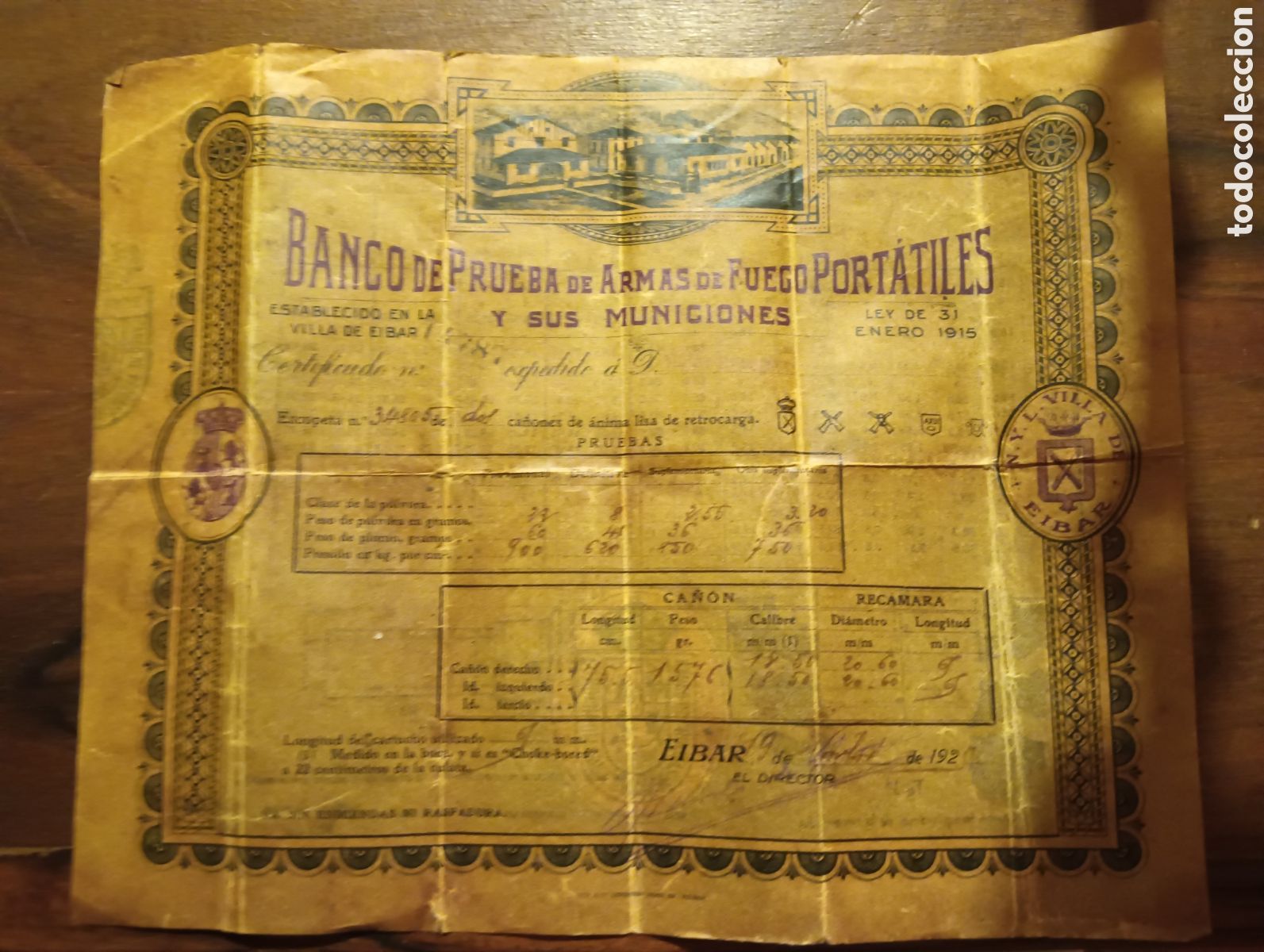 Otros art&iacute;culos de coleccionismo en papel: Certificado antiguo del banco de pruebas de Eibar 1920 armas caza