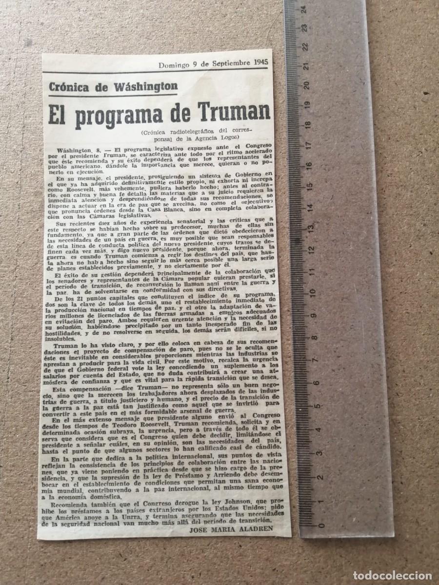 Otros Art&iacute;culos de Coleccionismo en Papel: RECORTE DE PRENSA A&Ntilde;O 1945. EL PROGRAMA DE TRUMAN
