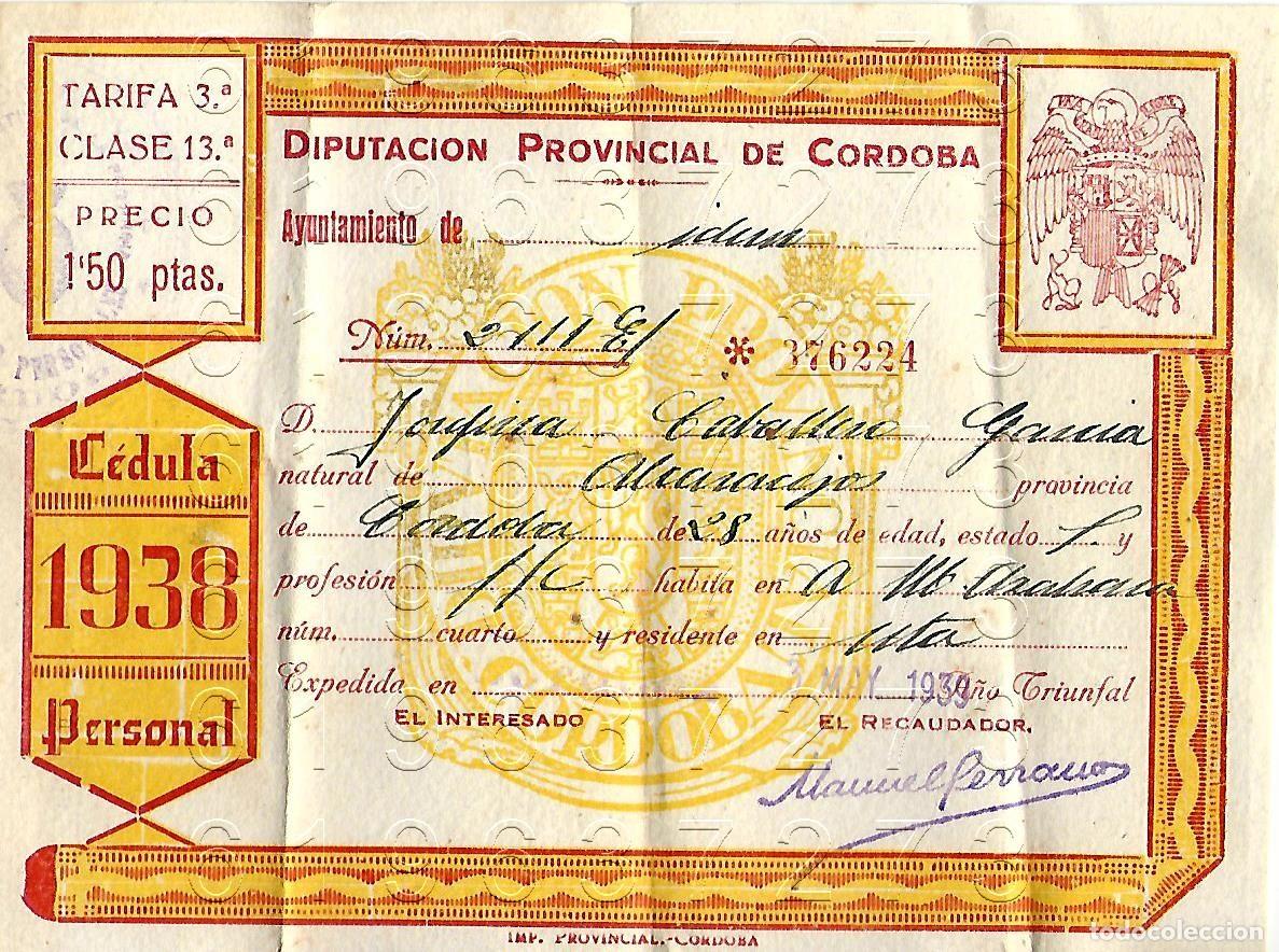 Otros Art&iacute;culos de Coleccionismo en Papel: 1938 ALCARACEJOS CORDOBA GUERRA CIVIL CEDULA PERSONAL M16