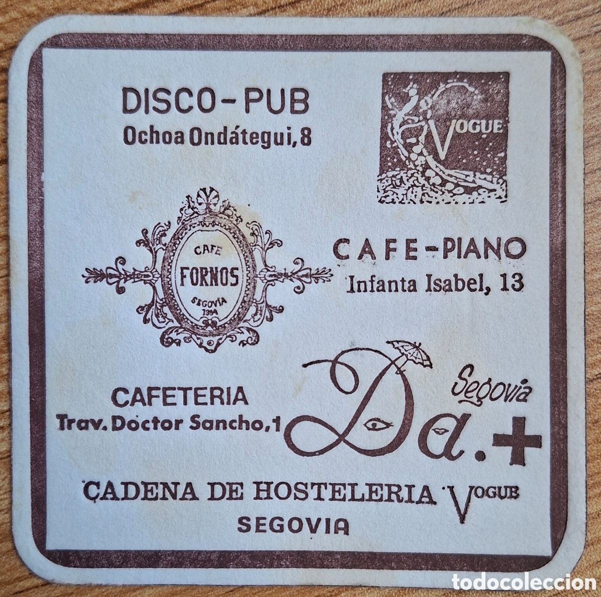 Otros Art&iacute;culos de Coleccionismo en Papel: Posavasos Disco Pub Vogue/ Caf&eacute; Piano Fornos - Segovia