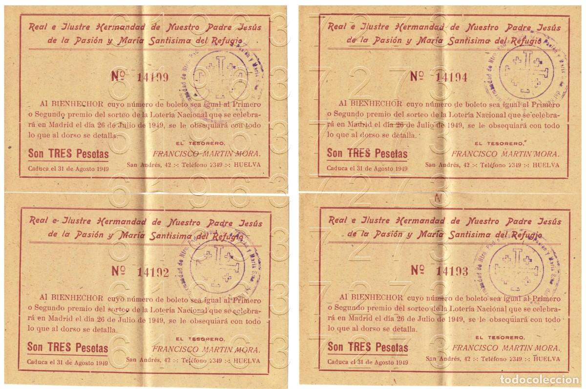 Otros Art&iacute;culos de Coleccionismo en Papel: 1949 HERMANDAD DEL REFUGIO SEVILLA SEMANA SANTA 4 BOLETOS LOTERIA M16