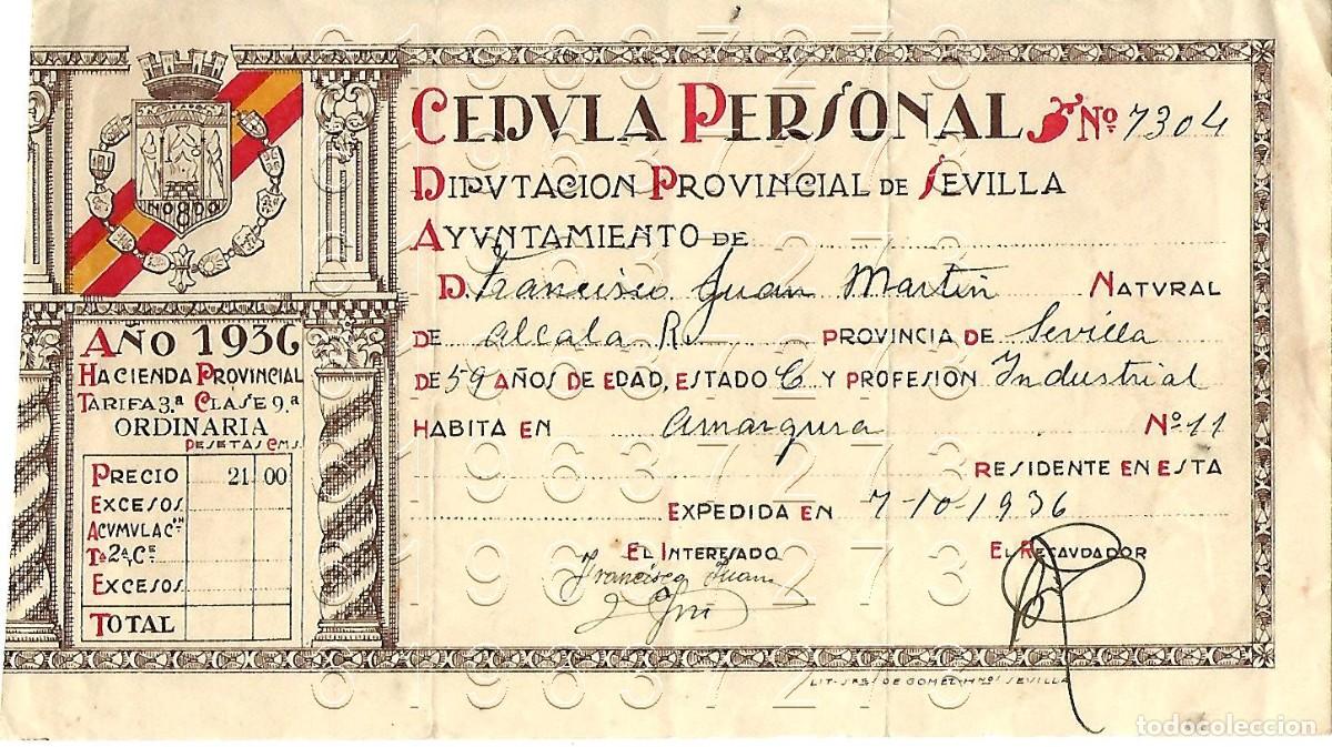 Otros Art&iacute;culos de Coleccionismo en Papel: ALCALA DEL RIO REPUBLICA SEVILLA GUERRA CIVIL CEDULA PERSONAL 1936 M17