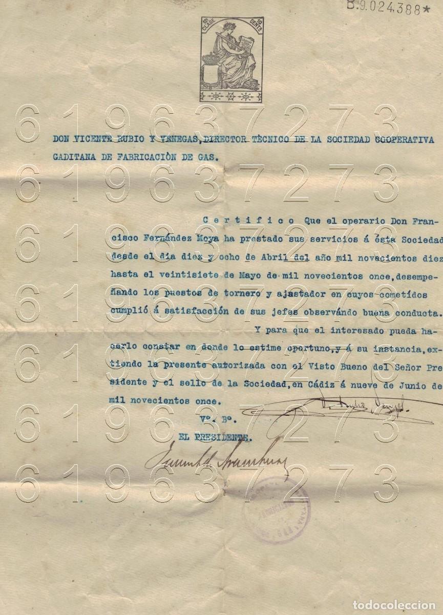 Otros Art&iacute;culos de Coleccionismo en Papel: 1911 CADIZ GAS SOCIEDAD COOPERATIVA GADITANA DE FABRICACION DE GAS M17
