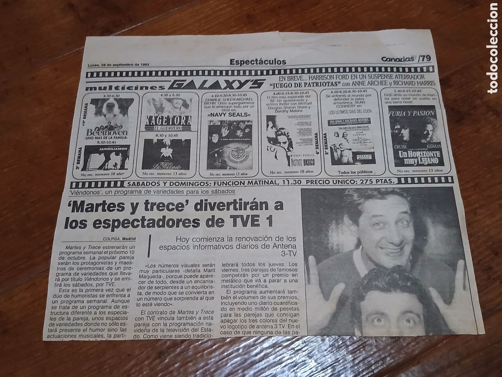 Otros Art&iacute;culos de Coleccionismo en Papel: Recorte de Periodico Canarias 7 -Lunes 28 Septiembre 1.992 -Multicines Galaxy's-