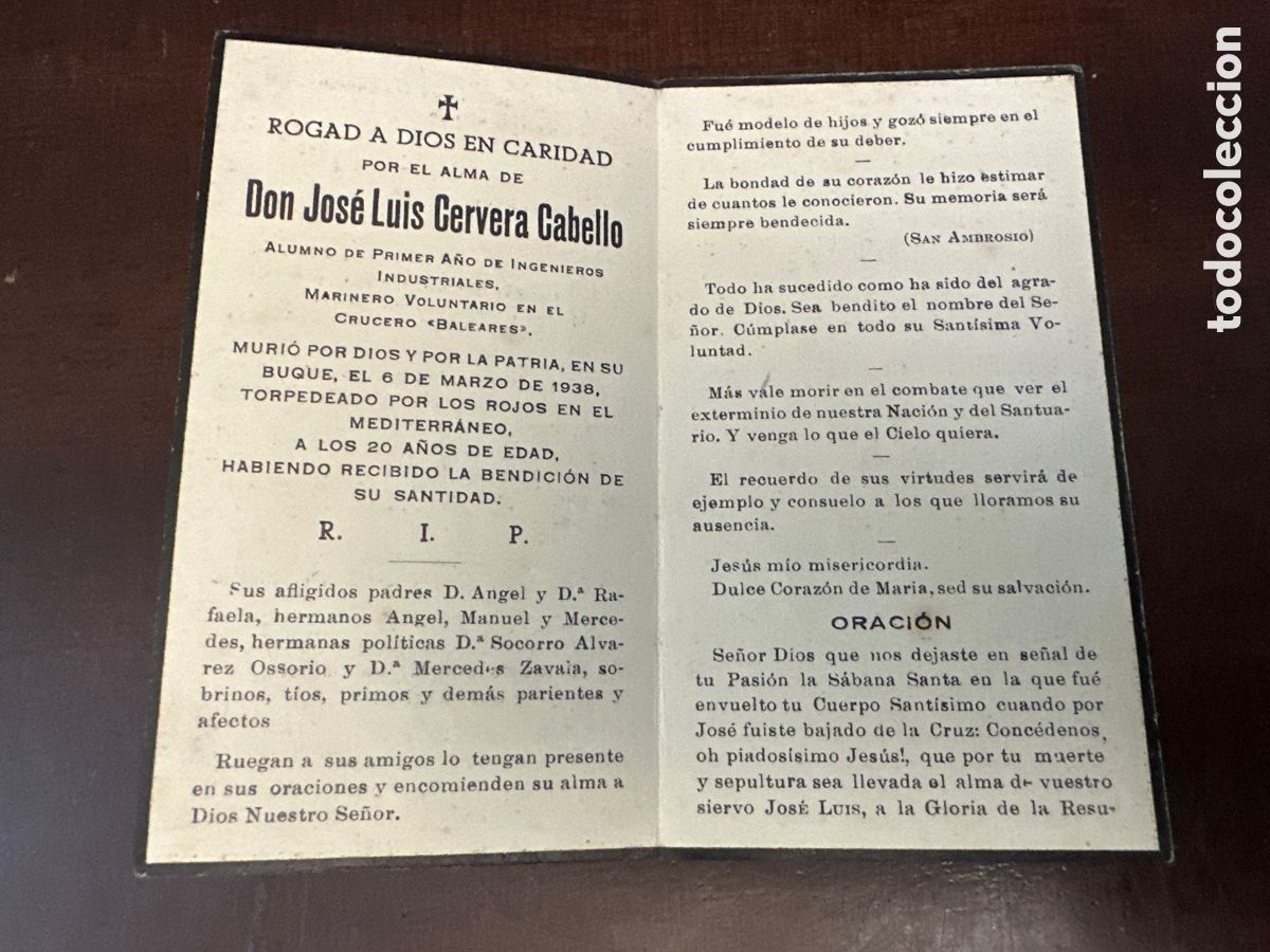 Otros Art&iacute;culos de Coleccionismo en Papel: GUERRA CIVIL- ESQUELA RECORDATORIO DE MARINERO VOLUNTARIO DEL CRUCERO BALEARES