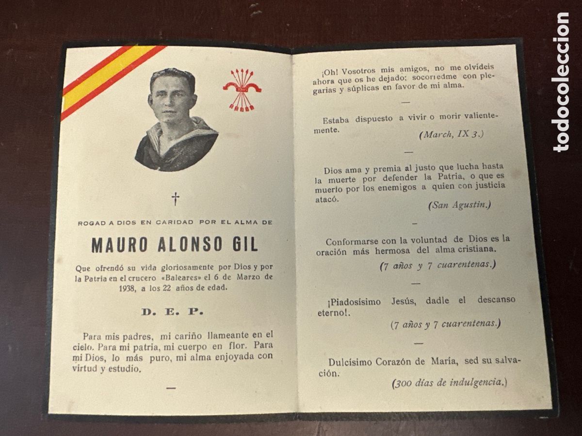 Otros Art&iacute;culos de Coleccionismo en Papel: GUERRA CIVIL- ESQUELA RECORDATORIO DE MARINERO VOLUNTARIO DEL CRUCERO BALEARES