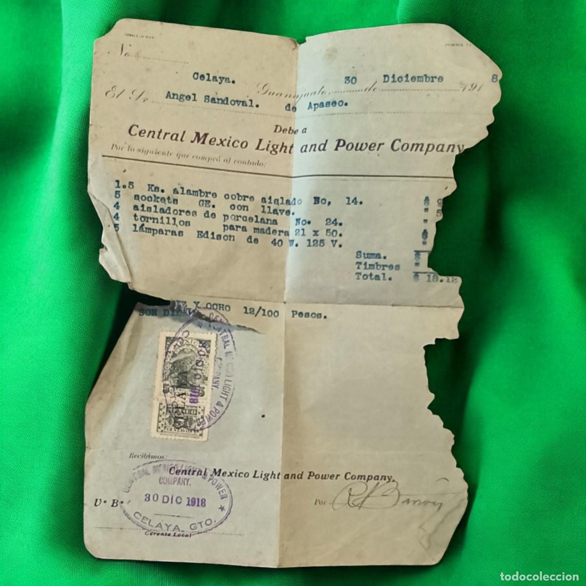 Altri oggetti di carta: Factura Original Central Mexico Light And Power Company 1918 &ndash; Celaya Guanajuato Documento Hist&oacute;rico