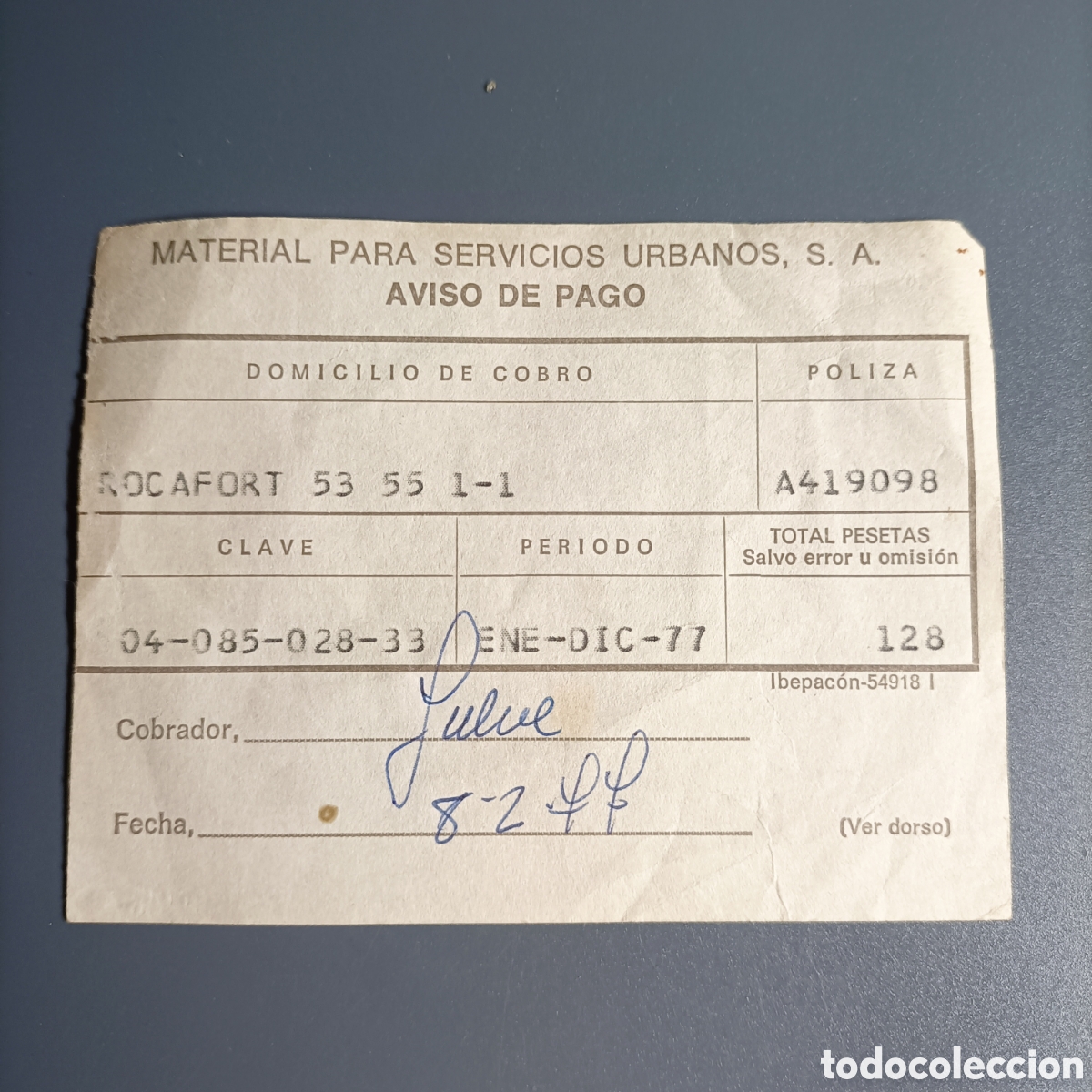 Otros Art&iacute;culos de Coleccionismo en Papel: AVISO DE PAGO. M. U. S. A. MATERIAL PARA SERVICIOS URBANOS