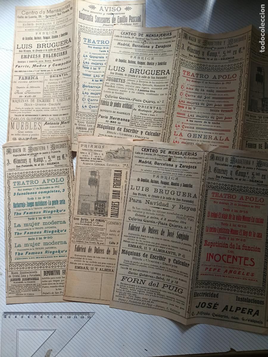 Otros Art&iacute;culos de Coleccionismo en Papel: Teatro Apolo, Valencia 1912. Lote de 5 programas tr&iacute;pticos con abundante publicidad