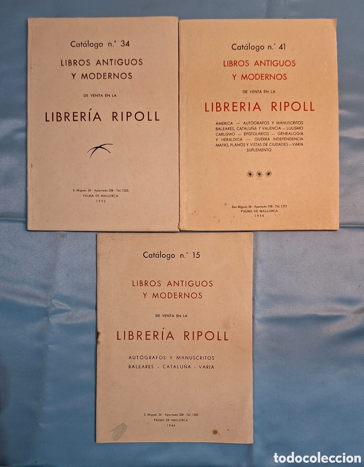 Otros Art&iacute;culos de Coleccionismo en Papel: Lote de 3 cat&aacute;logos antiguos de la Librer&iacute;a Ripoll (Palma de Mallorca), a&ntilde;os 1946, 1952 y 1956.