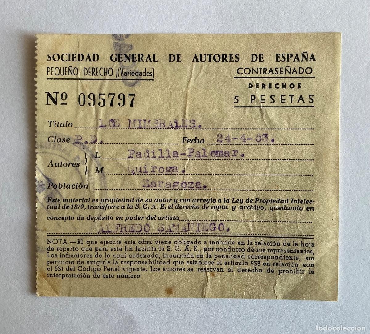 Altri oggetti di carta: PEQUE&Ntilde;O DERECHO O VI&Ntilde;ETA CONTRASE&Ntilde;ADO 5 PESETAS S.G.A.E. SOCIEDAD GENERAL AUTORES ESPA&Ntilde;A 24-4-53