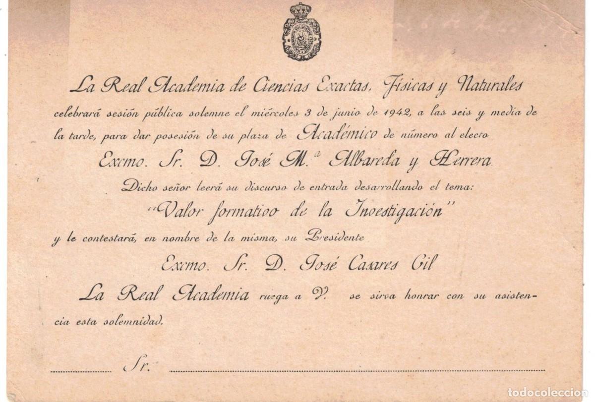 Otros Art&iacute;culos de Coleccionismo en Papel: :::: JJ53 - LA REAL ACADEMIA DE CIENCIAS EXACTAS FISICAS Y NATURALES . INVITACION 1942