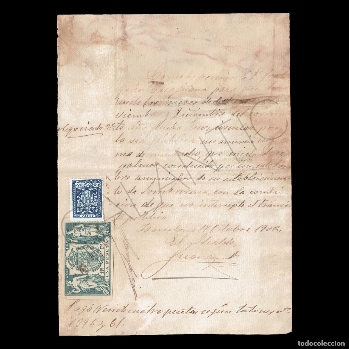 Otros Art&iacute;culos de Coleccionismo en Papel: Permiso para anunciar por la v&iacute;a p&uacute;blica &ndash; Sombrer&iacute;a Joaqu&iacute;n Casajuana &ndash; Barcelona 1902