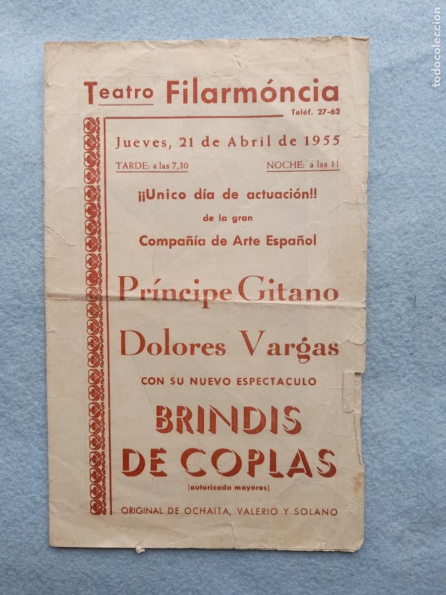 Otros Art&iacute;culos de Coleccionismo en Papel: Programa Musical. Pr&iacute;ncipe Gitano. Dolores Vargas. Brindis de Coplas. A&ntilde;o 1955.