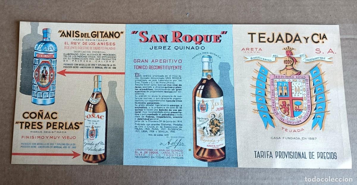 Otros Art&iacute;culos de Coleccionismo en Papel: Tarifa de precios TEJADA y c&iacute;a Roque Jerez quinito - an&iacute;s del gitano - co&ntilde;ac tres perlas 1920 - 30
