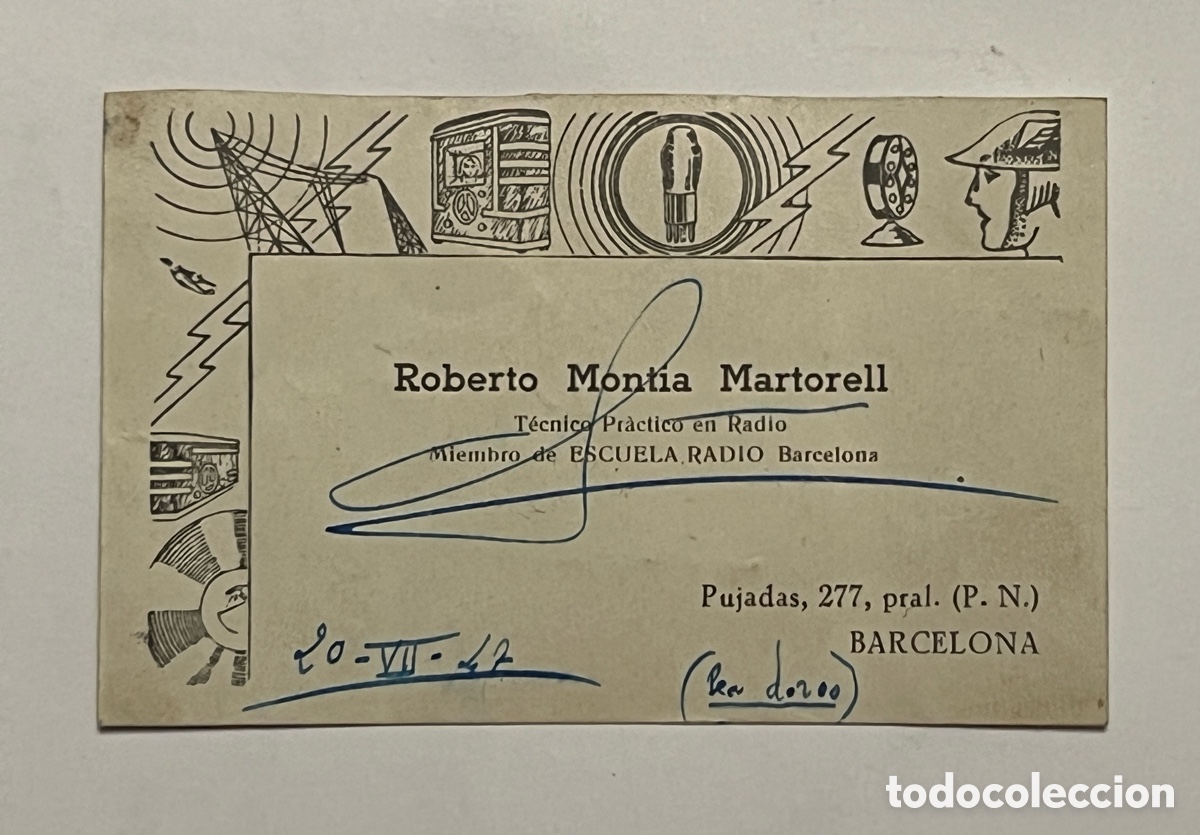 Otros Art&iacute;culos de Coleccionismo en Papel: BARCELONA. Roberto Montia.. curiosa tarjeta ilustrada de un T&eacute;cnico Pr&aacute;ctico en Radio.. (a.1947)