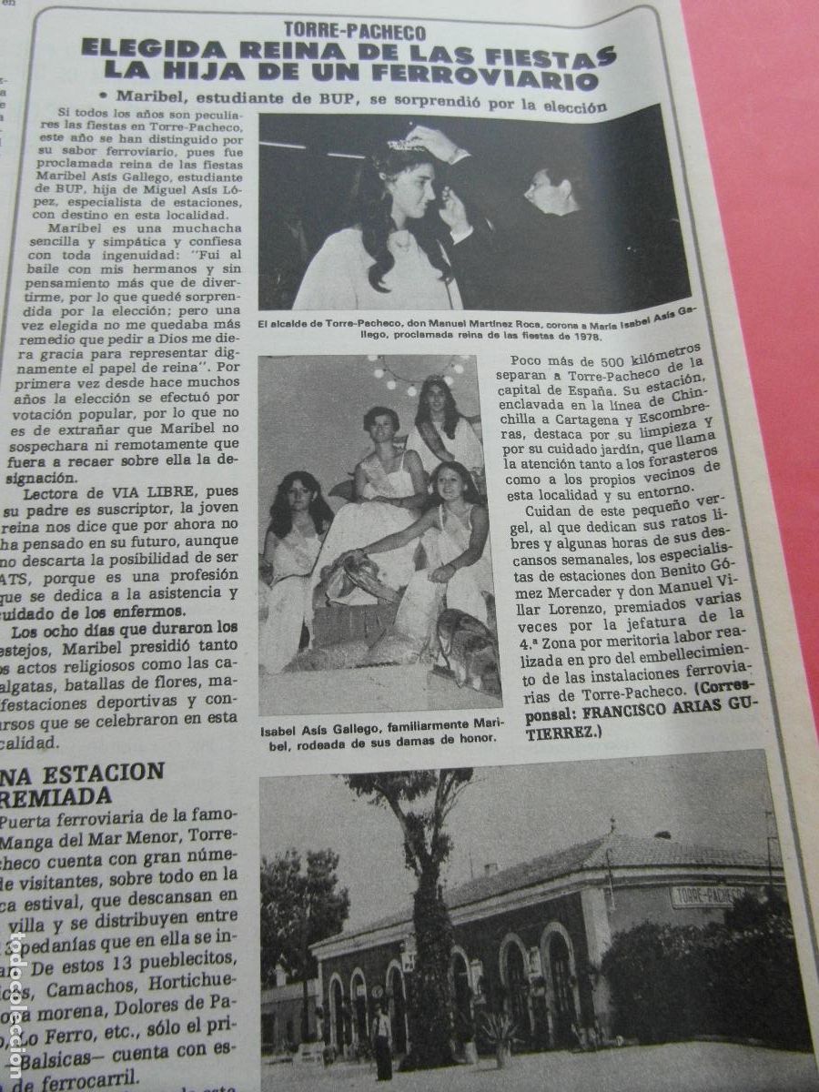 Otros art&iacute;culos de coleccionismo en papel: RECORTE 1979 - REF: ARTTREN02 - ESTACION TORRE PACHECO REINA DE LAS FIESTAS - RENFE FERROCARRIL