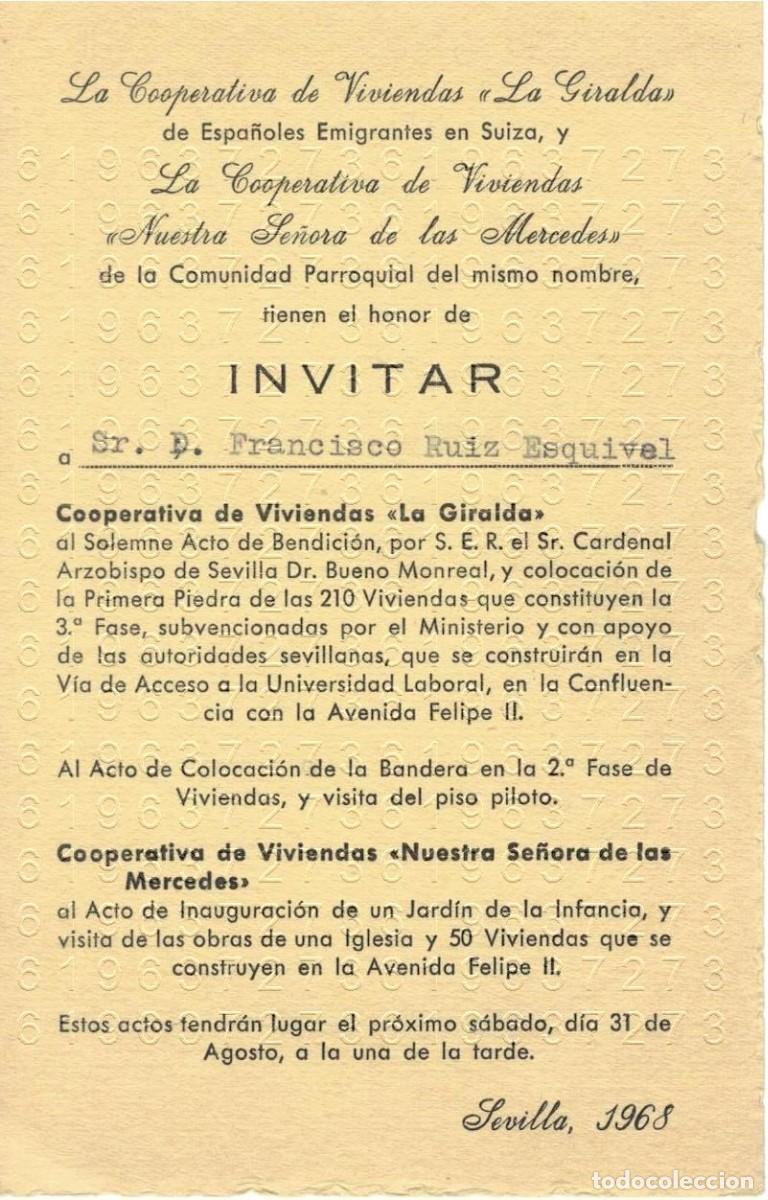 Otros Art&iacute;culos de Coleccionismo en Papel: SEVILLA COOPERATIVA VIVIENDAS LA GIRALDA TARJETA INVITACION ACTO 1968 M18