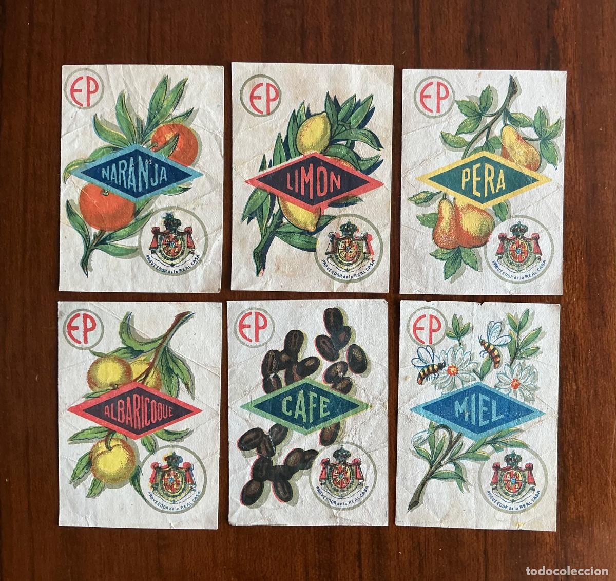 Altri oggetti di carta: 6 ENVOLTORIOS ANTIGUOS CARAMELOS E.P. EMILIO PRADELL MIEL CAF&Eacute; ALBARICOQUE PERA LIM&Oacute;N NARANJA