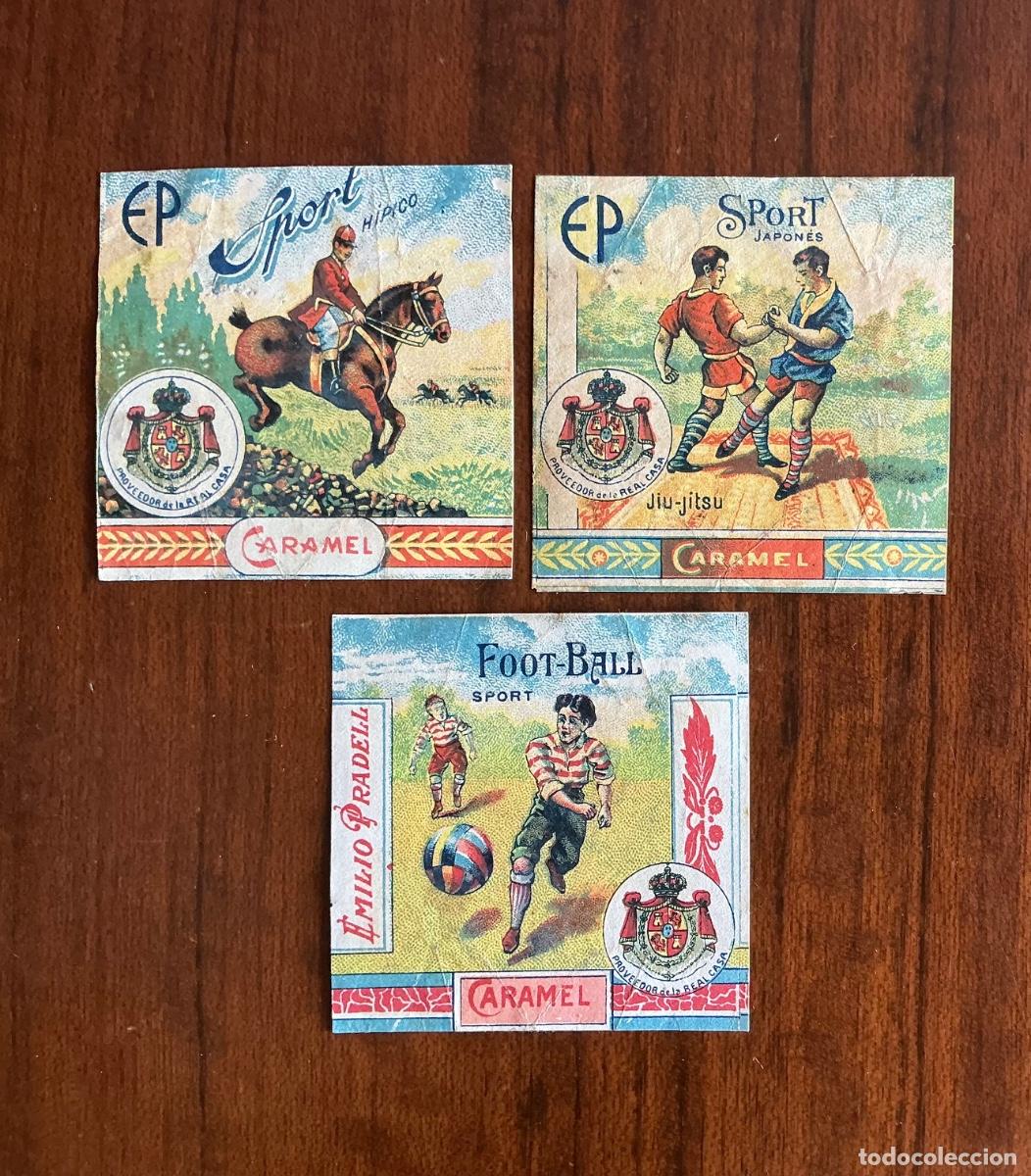 Altri oggetti di carta: 3 ENVOLTORIO ANTIGUOS CARAMELOS E.P. EMILIO PRADELL SPORT JIU JITSU FOOT BALL H&Iacute;PICO