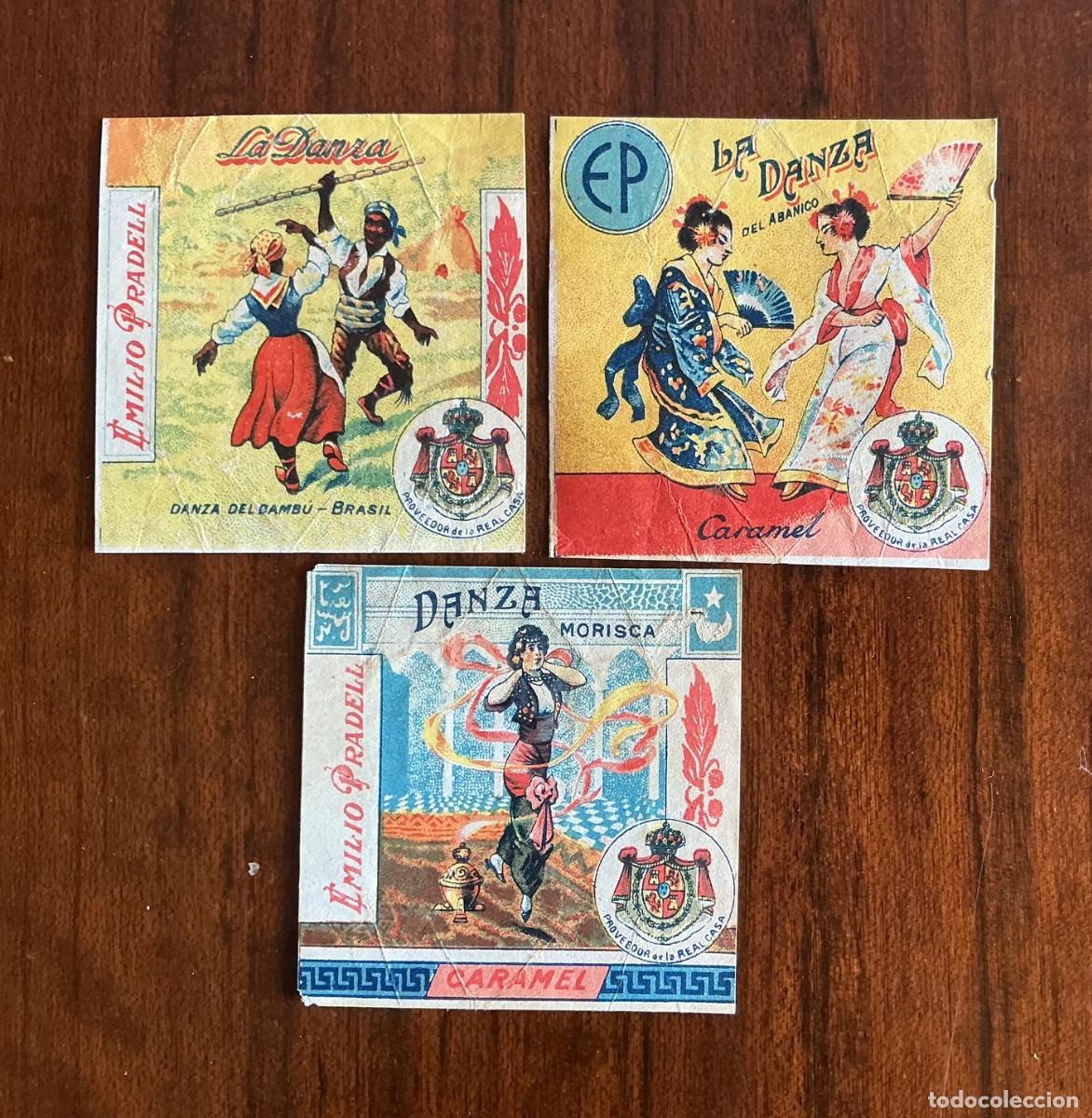 Altri oggetti di carta: 3 ENVOLTORIOS ANTIGUOS CARAMELOS E.P. EMILIO PRADELL LA DANZA MORISCA ABANICO BAMB&Uacute;