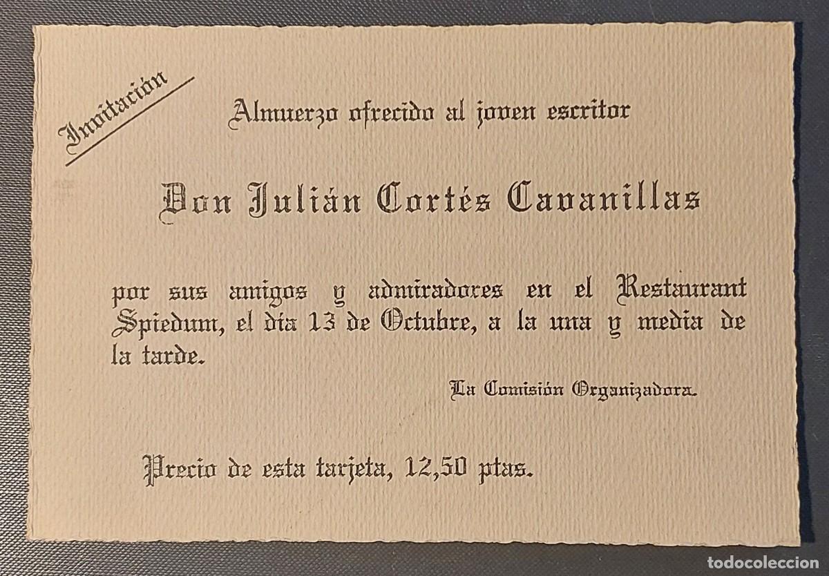 Otros Art&iacute;culos de Coleccionismo en Papel: JULI&Aacute;N CORT&Eacute;S CAVANILLAS. INVITACI&Oacute;N AL ALMUERZO OFRECIDO A