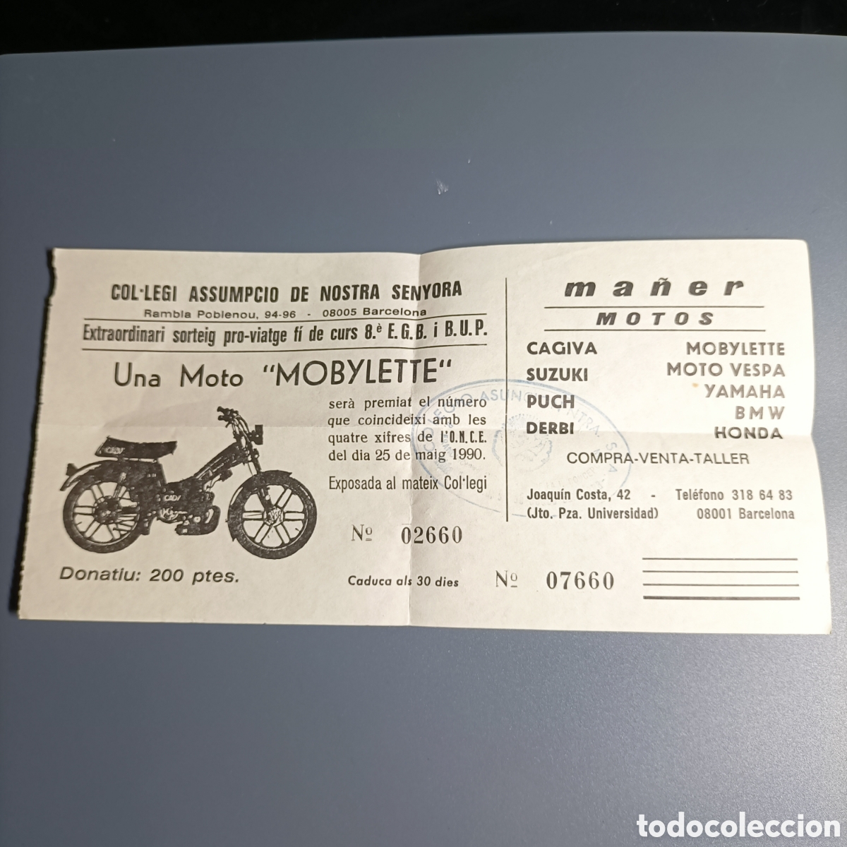 Otros Art&iacute;culos de Coleccionismo en Papel: COL&bull;LEGI ASSUMPCII DE NOSTRA SENYORA. SORTE PRO-VIAGE FIN DE CURSO 8&ordm;. MOTO MOBYLETTE