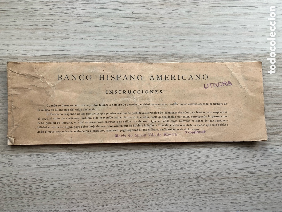 Otros Art&iacute;culos de Coleccionismo en Papel: &bull;Talonario Banco Hispano Americano A&ntilde;os 30 Barcelona - Sello Utrera
