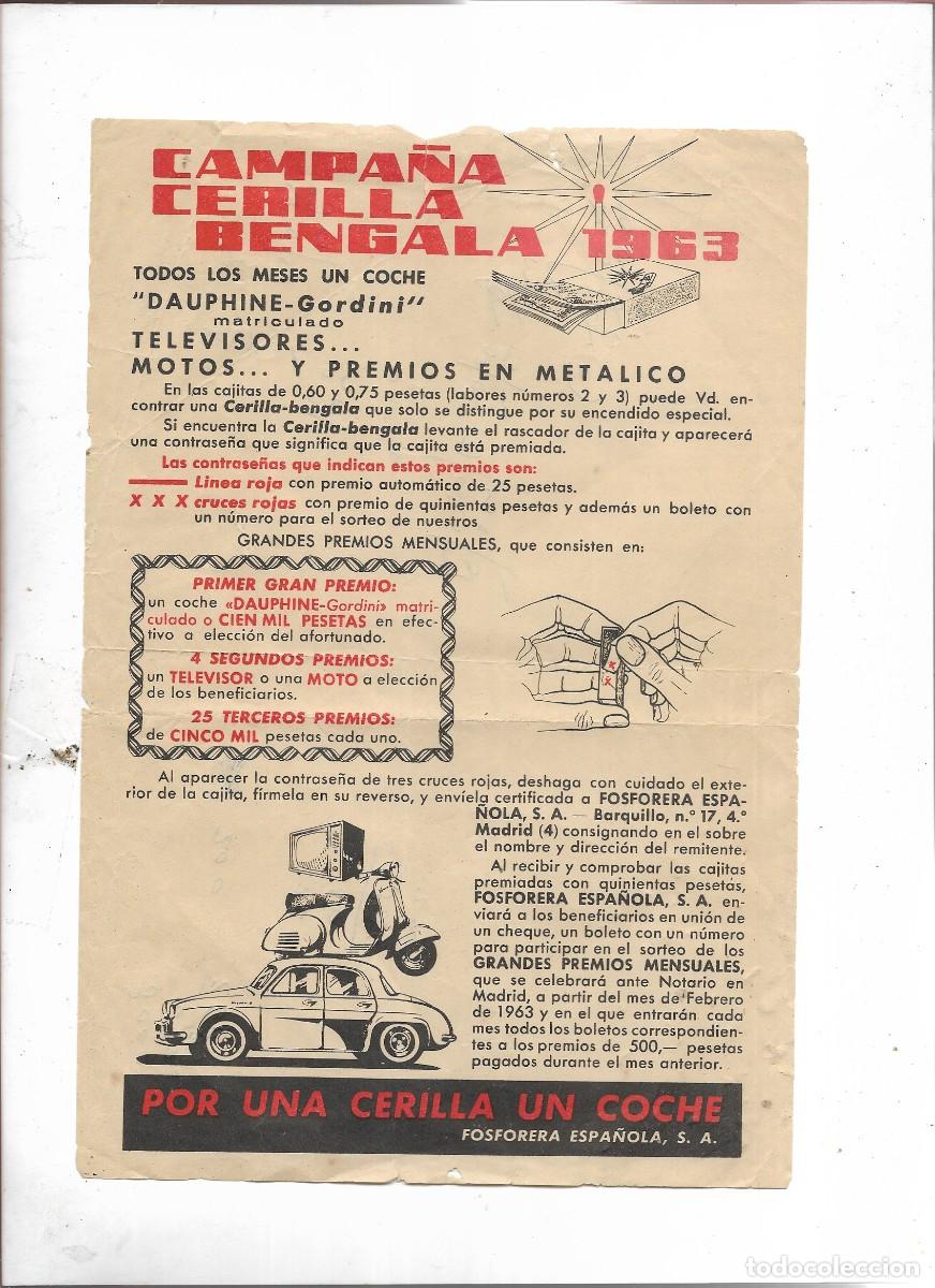 Otros Art&iacute;culos de Coleccionismo en Papel: CAMPA&Ntilde;A CERILLA BENGALA 1963 POR UNA CERILLA UN COCHE