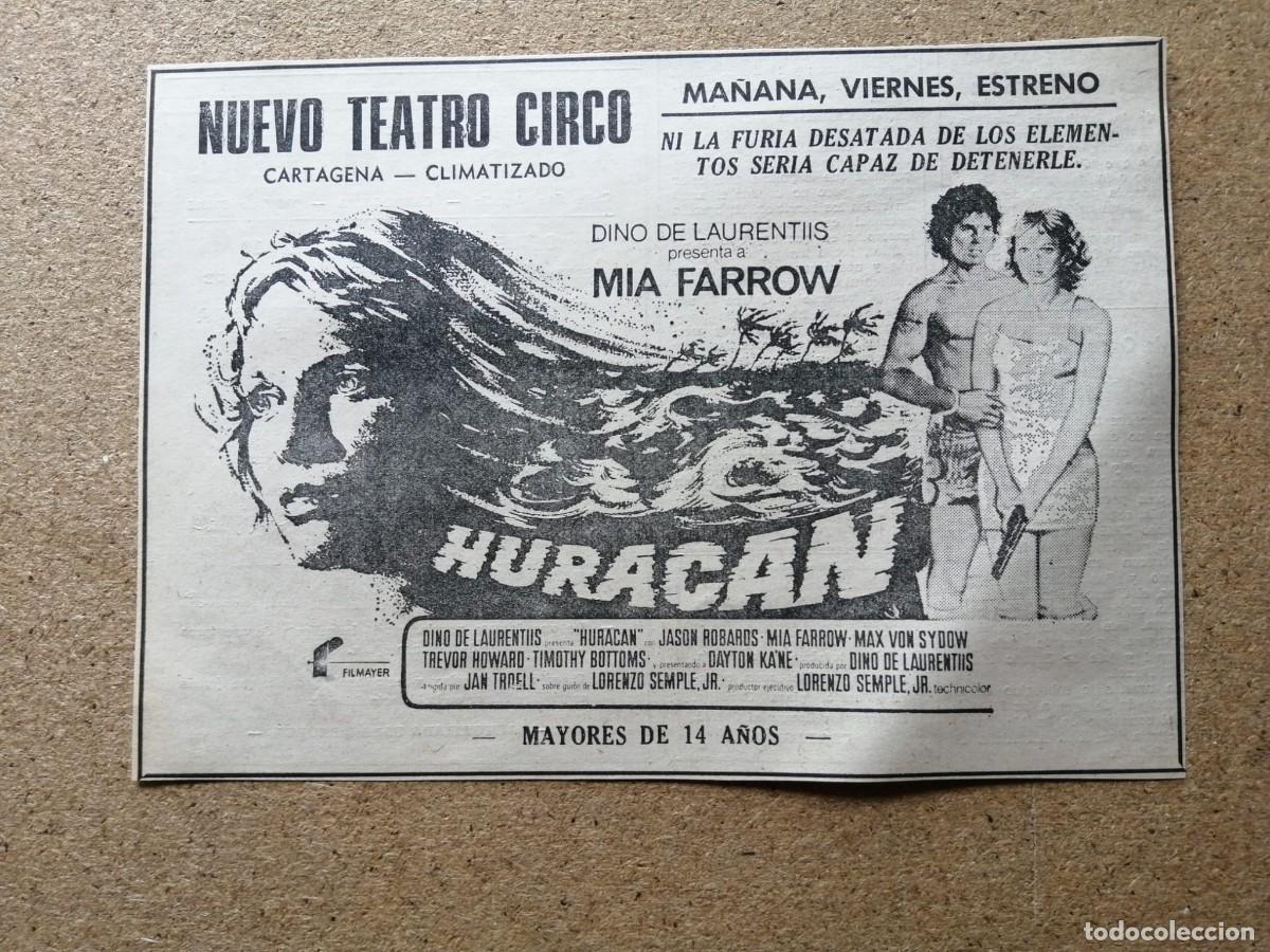 Otros Art&iacute;culos de Coleccionismo en Papel: RECORTE PRENSA PELICUAL. HURACAN (MIA FARROW - JASON ROBARDS) NUEVO TEATRO CIRCO, CARTAGENA