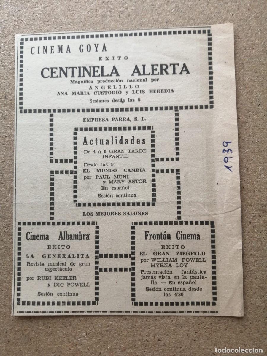 Otros Art&iacute;culos de Coleccionismo en Papel: RECORTE PRENSA PELICULA. CENTINELA ALERTA (ANGELILLO) CINEMA GOYA, 1939