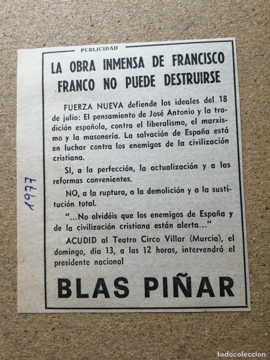Otros Art&iacute;culos de Coleccionismo en Papel: ANUNCIO PRENSA MITING BLAS PI&Ntilde;AR EN MURCIA, 1977