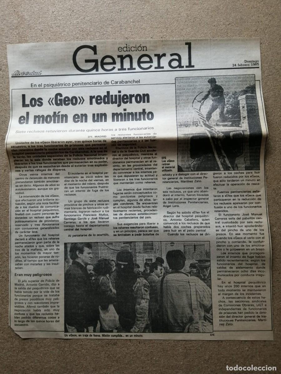 Otros Art&iacute;culos de Coleccionismo en Papel: NOTICIA DE PRENSA . MOTIN EN EL PSIQUIATRICO PENITENCIARIO DE CARABANCHEL, INTERVIENEN LOS GEO (1985