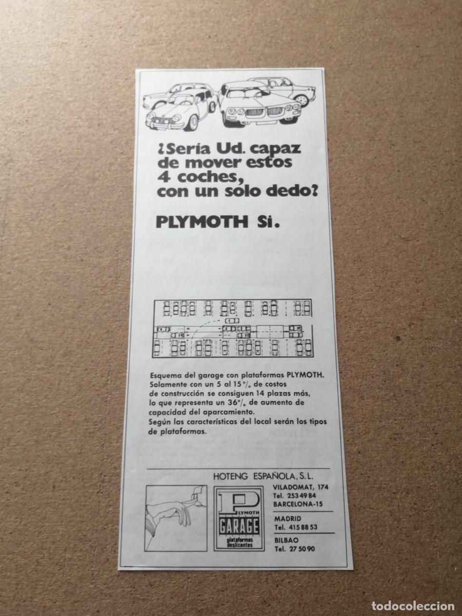 Otros Art&iacute;culos de Coleccionismo en Papel: ANUNCIO. GARAGE CON PLATAFORMAS PLYMOTH. HOTENG ESPA&Ntilde;OLA (BARCELONA - MADRID - BILBAO)