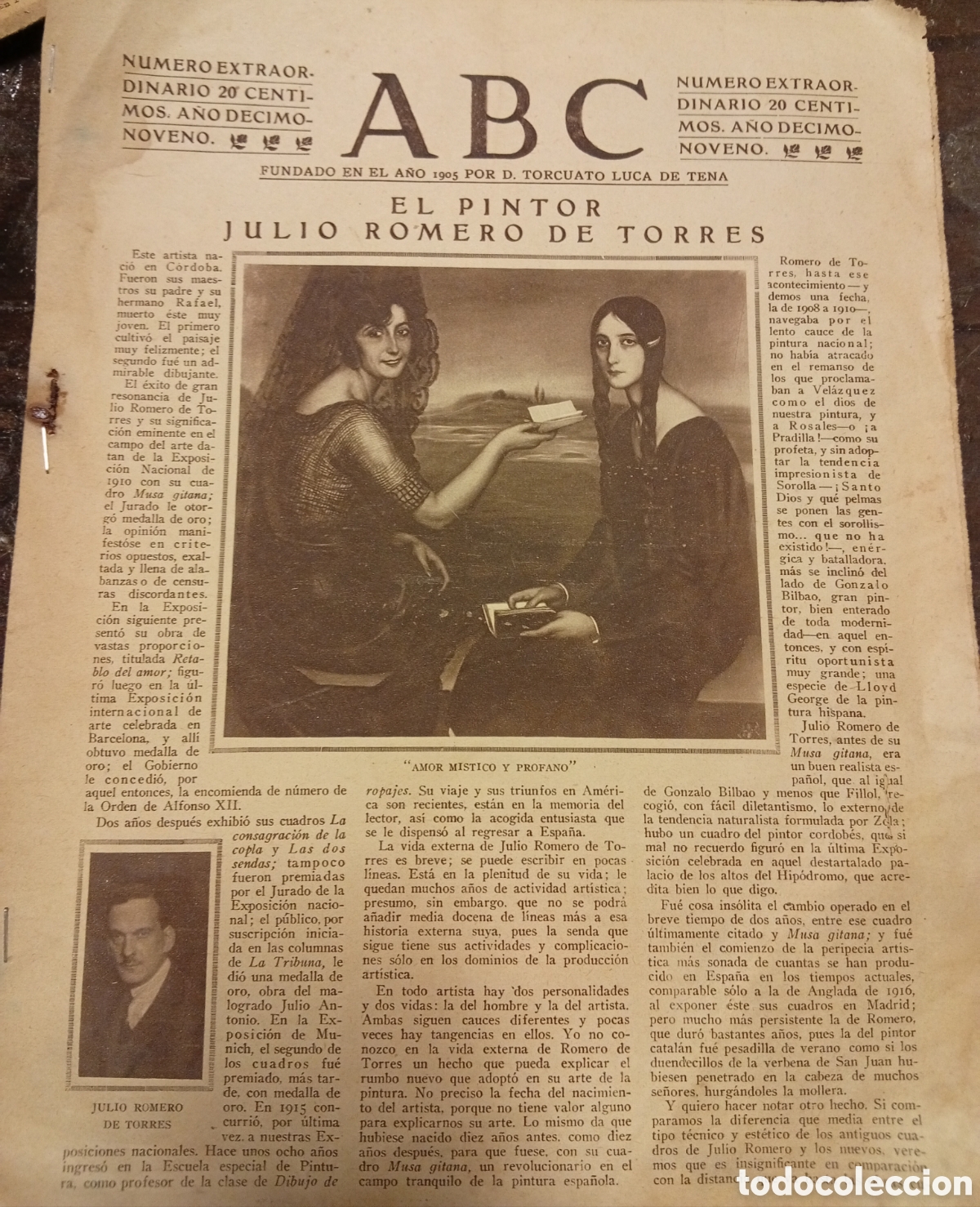 Otros Art&iacute;culos de Coleccionismo en Papel: A&ntilde;o 1922 peri&oacute;dico ABC 3 p&aacute;ginas dedicadas al gran pintor Julio Romero de Torres