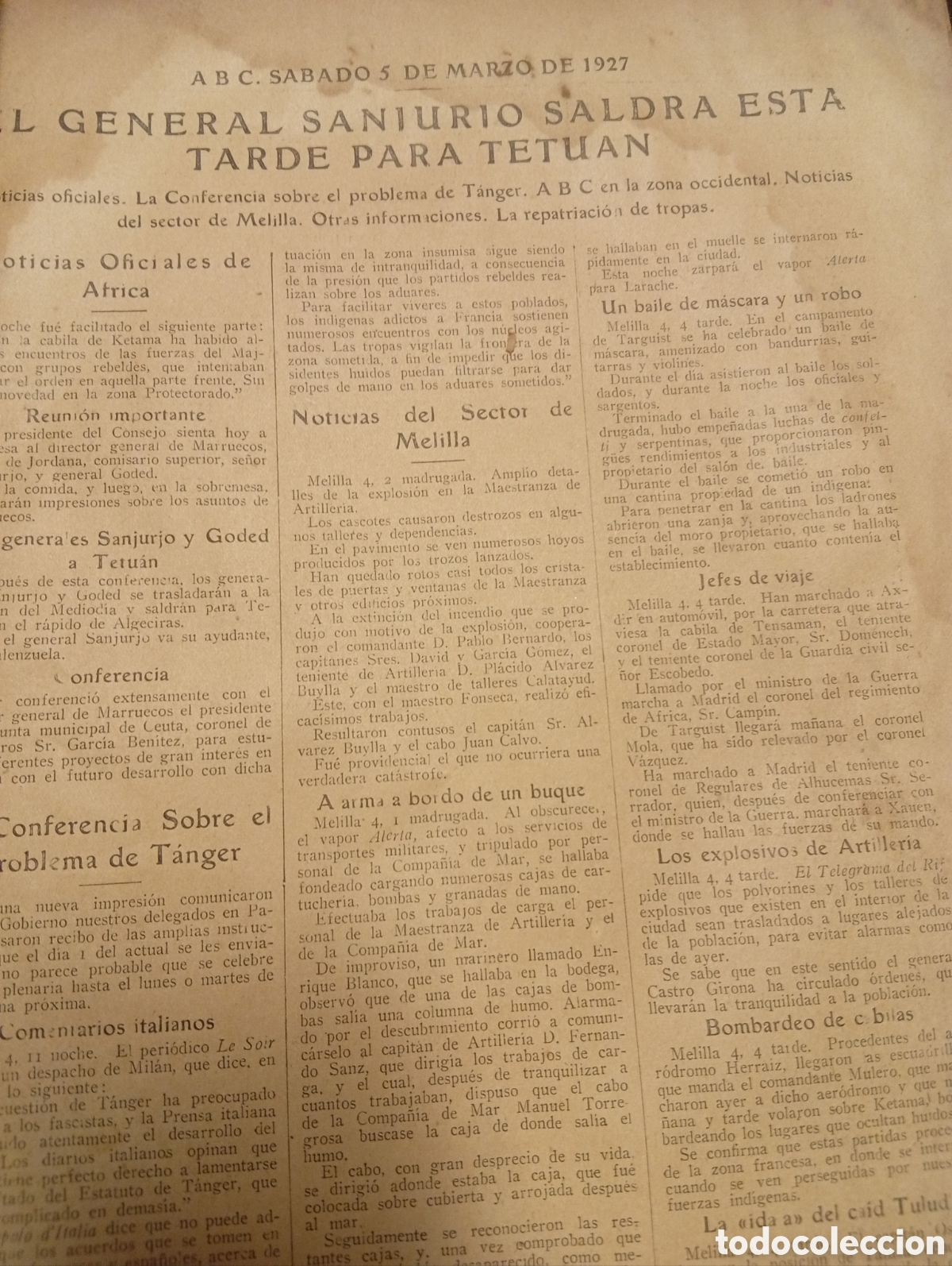 Otros Art&iacute;culos de Coleccionismo en Papel: Peri&oacute;dico ABC A&ntilde;o 1927 el General Sanjurjo sale para Tetu&aacute;n