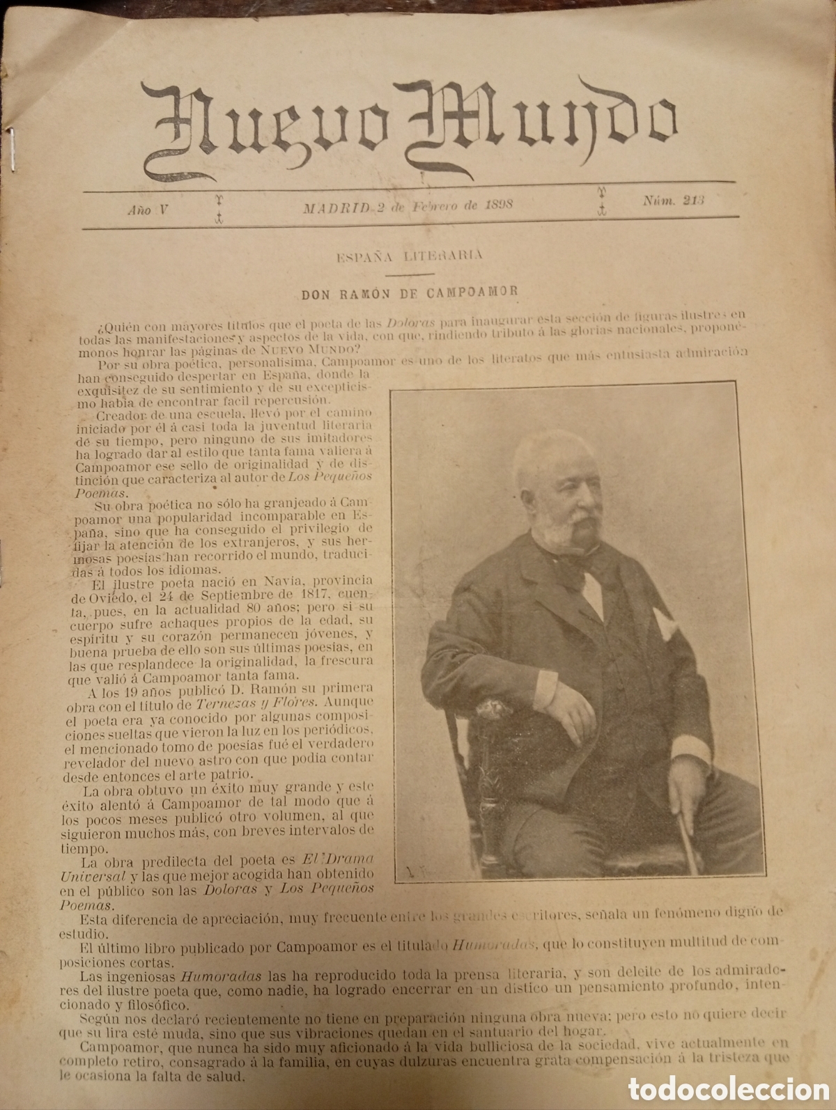 Otros Art&iacute;culos de Coleccionismo en Papel: D Ramon de Campoamor Nuevo mundo antigua revista literaria a&ntilde;o 1898