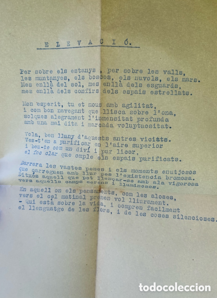 Otros Art&iacute;culos de Coleccionismo en Papel: Poes&iacute;a mecanografiada a&ntilde;os 30 del siglo XX. En catal&aacute;n.