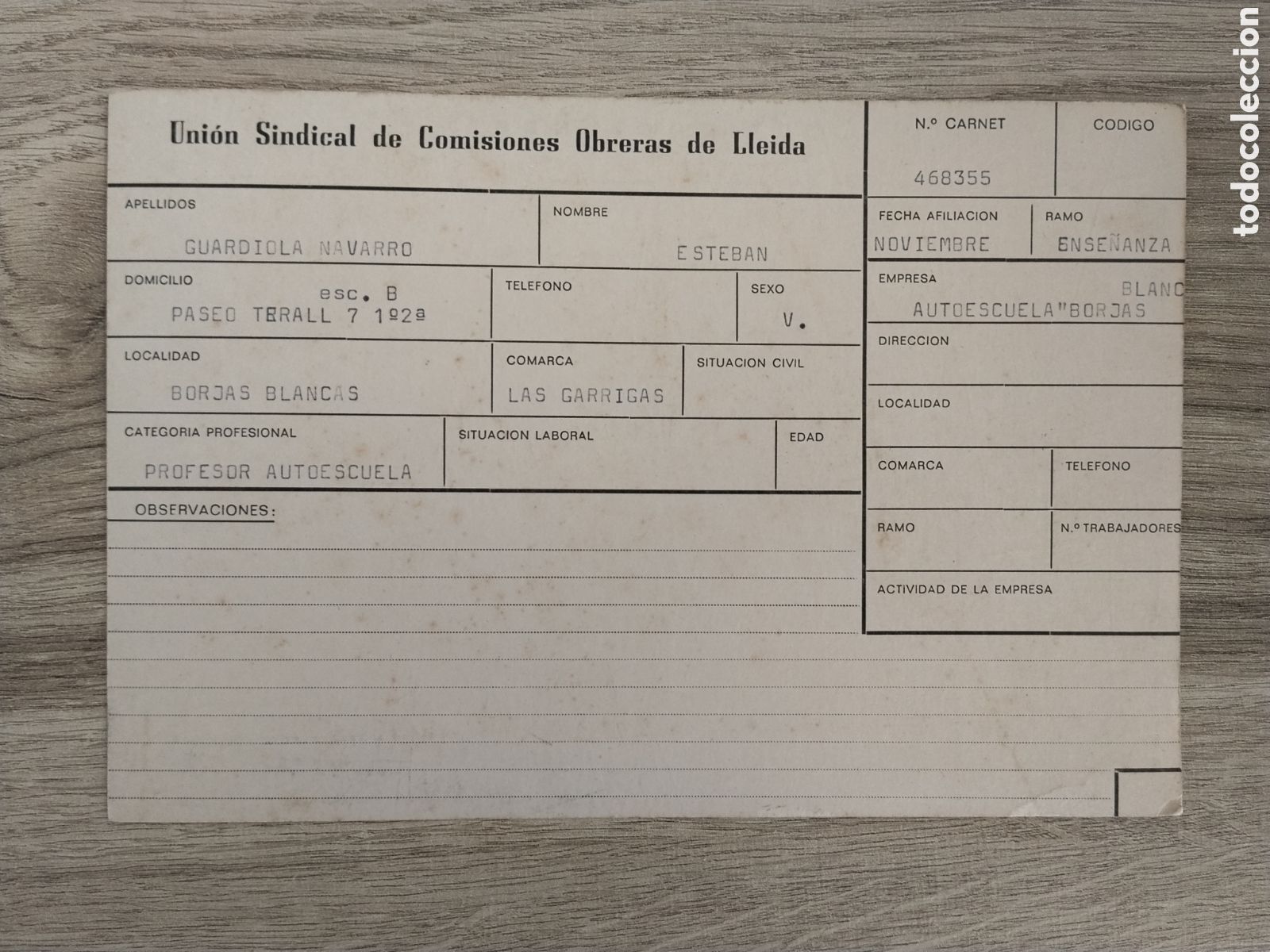 Otros Art&iacute;culos de Coleccionismo en Papel: Carnet pol&iacute;tico sindical transici&oacute;n Comisiones Obreras.ccoo.ugt.pce.psuc.cnt.su.mce.ort.pte.lcr.pcoe