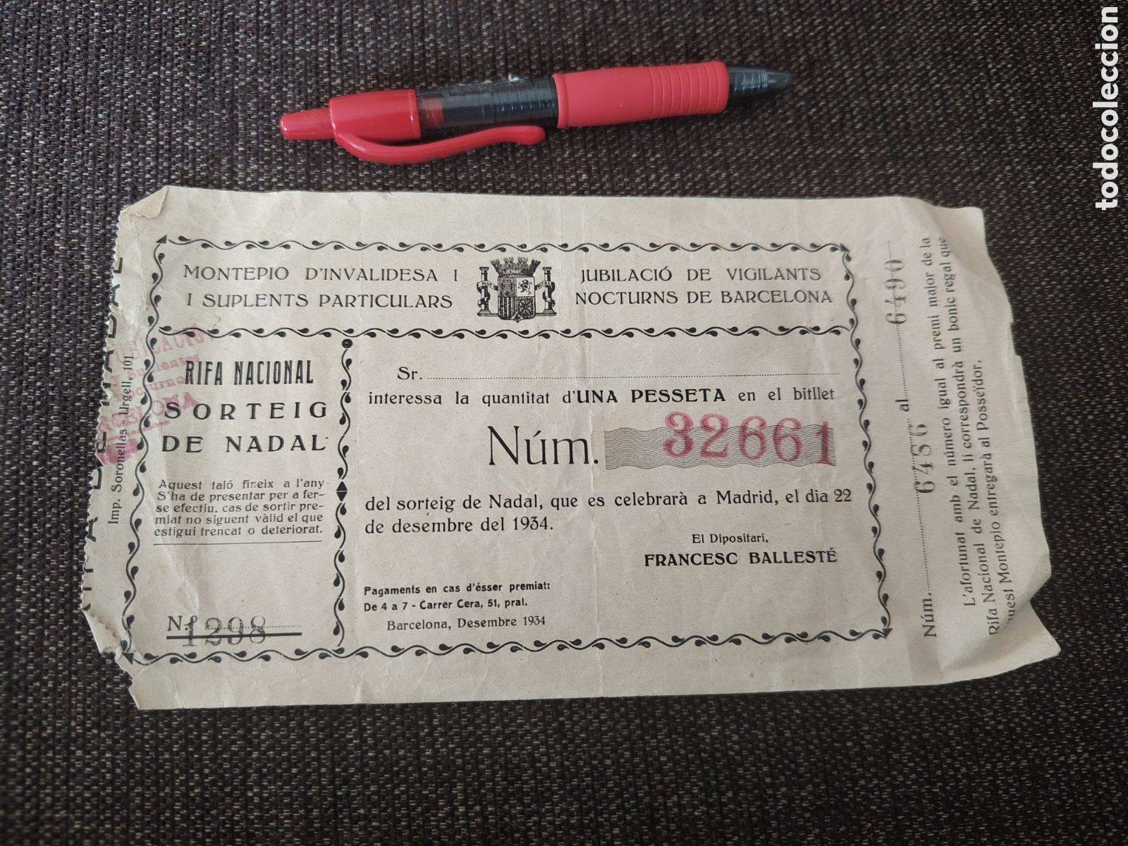 Otros Art&iacute;culos de Coleccionismo en Papel: Participaci&oacute;n 1 peseta loter&iacute;a Navidad 1934. Barcelona.Catalunya